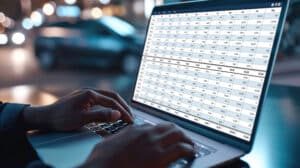 Person typing on a laptop with a large spreadsheet displayed on the screen in a dim, blurred office setting.